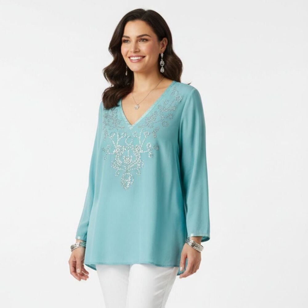 Lane Bryant Blue Embellished Embroidered Peasant Boho Cottage Top NEW 18